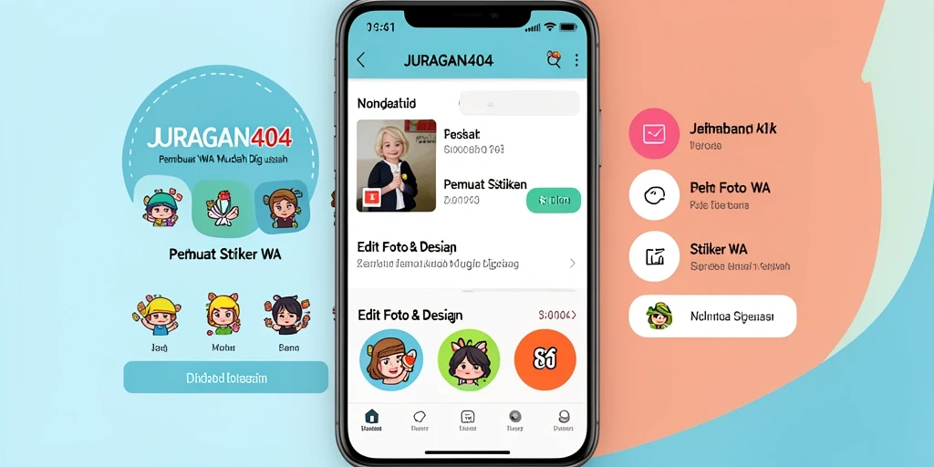 Antarmuka pengguna JURAGAN404 untuk membuat stiker WA yang menarik.