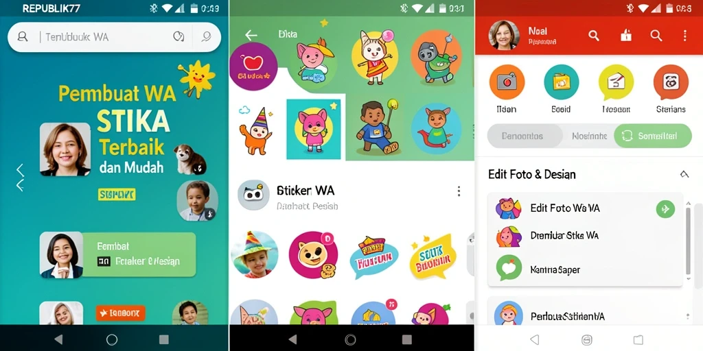 Antarmuka pengguna REPUBLIK77 untuk Pembuat Stiker WA yang kreatif.