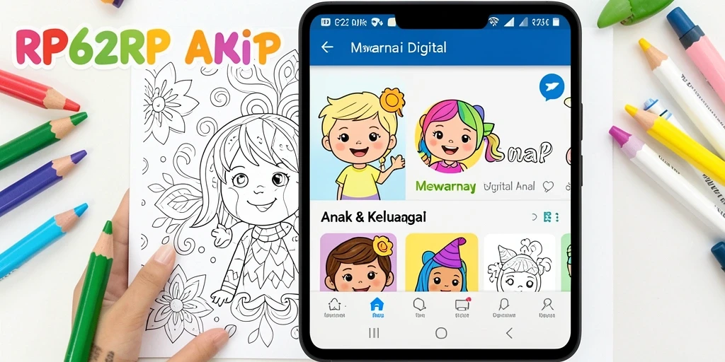 Antarmuka pengguna <strong>RP62RP</strong> yang cerah dan ramah anak untuk mewarnai.